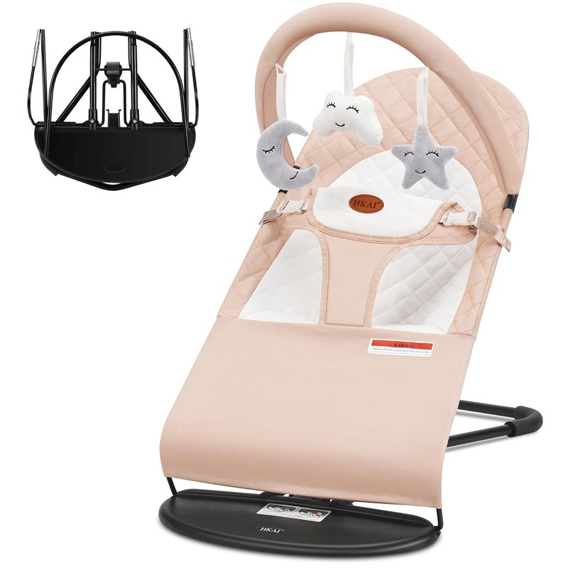 HKAI Baby Bouncer, Portable Baby Bouncer Seat for Babies 0-18 Months, 100% Cotton Fabrics, 3 Modes of use with Rocker and Stationary Options, Infant Rocker Chair with Hanging Toys-Organic Oat - Image 1